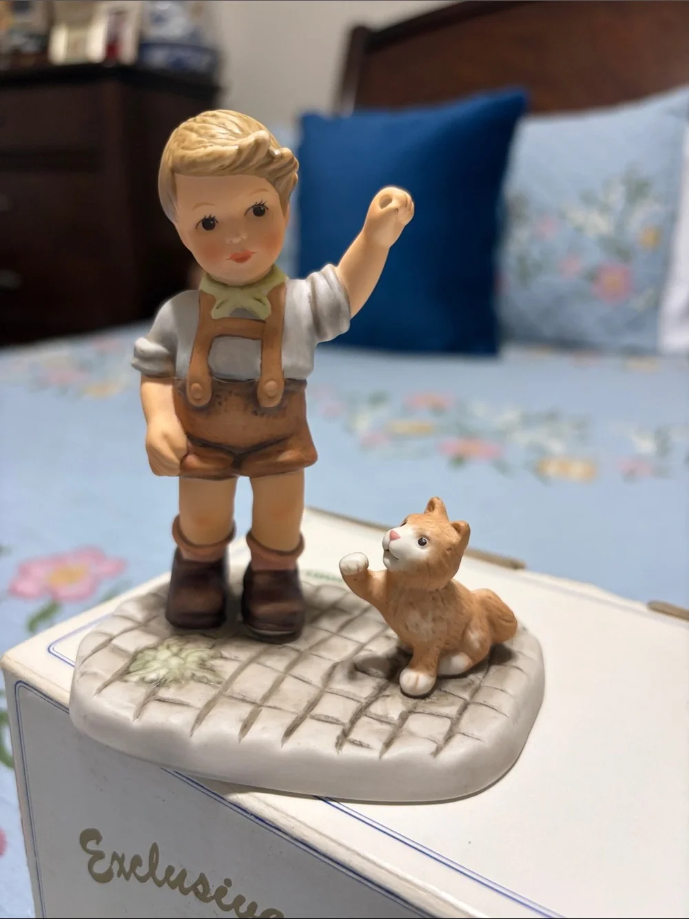 Goebel Blonde-Haired Boy Figurine with Orange Outfit Tan Cat Missing parts As Is